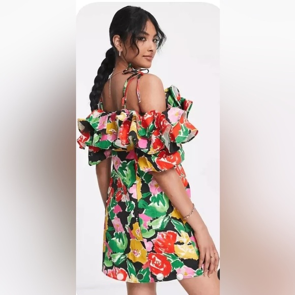 Topshop Dresses & Skirts - NWT Topshop Floral Bardot Mini Dress Cotton Blend Bold Ruffle Off Shoulder